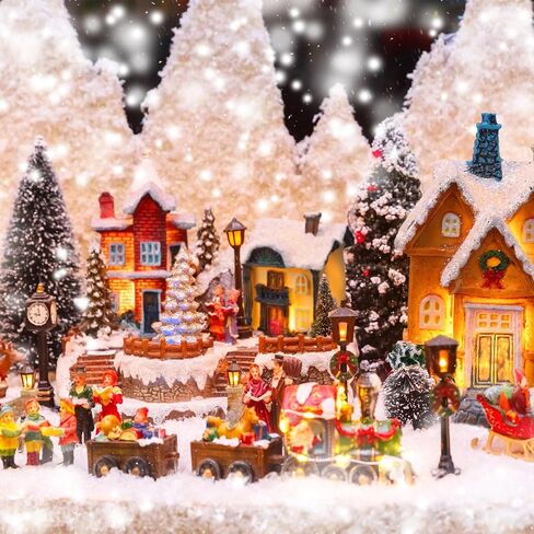 Christmas Winter Village Houses Set LED Lighted DIY Christmas Doll Figurines Christmas Miniature Resin Ornament Kits Christmas Cedar Bare Branch Tree Street Lamp Room Decor (Cute Style) in Saudi Arabia
