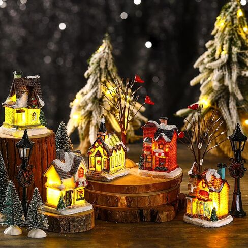 Christmas Winter Village Houses Set LED Lighted DIY Christmas Doll Figurines Christmas Miniature Resin Ornament Kits Christmas Cedar Bare Branch Tree Street Lamp Room Decor (Cute Style) in Saudi Arabia