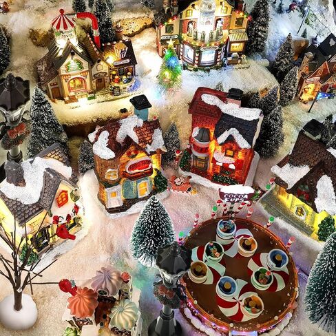 Christmas Winter Village Houses Set LED Lighted DIY Christmas Doll Figurines Christmas Miniature Resin Ornament Kits Christmas Cedar Bare Branch Tree Street Lamp Room Decor (Cute Style) in Saudi Arabia