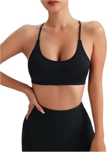 MakeMeChic Women's Criss Cross Seamless Sports Bra Padded Scoop Neck Tops Spaghetti Strap Yoga Workout Bra in Saudi Arabia