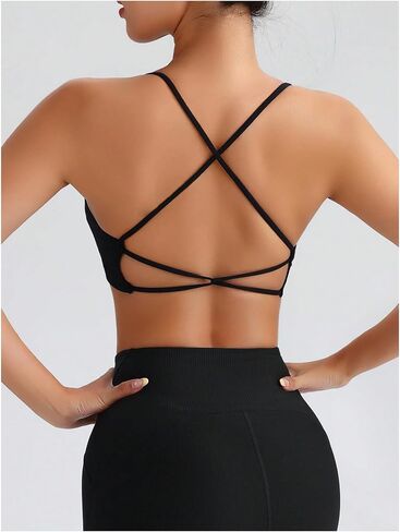 MakeMeChic Women's Criss Cross Seamless Sports Bra Padded Scoop Neck Tops Spaghetti Strap Yoga Workout Bra in Saudi Arabia