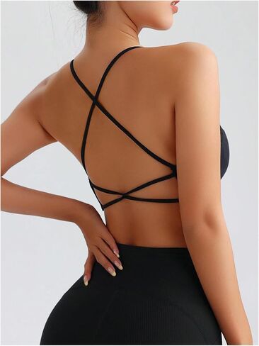 MakeMeChic Women's Criss Cross Seamless Sports Bra Padded Scoop Neck Tops Spaghetti Strap Yoga Workout Bra in Saudi Arabia