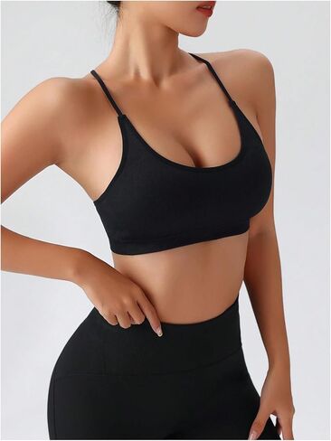 MakeMeChic Women's Criss Cross Seamless Sports Bra Padded Scoop Neck Tops Spaghetti Strap Yoga Workout Bra in Saudi Arabia