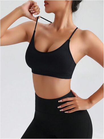 MakeMeChic Women's Criss Cross Seamless Sports Bra Padded Scoop Neck Tops Spaghetti Strap Yoga Workout Bra in Saudi Arabia