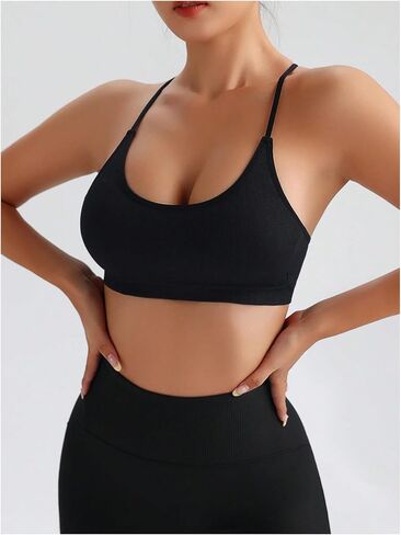 MakeMeChic Women's Criss Cross Seamless Sports Bra Padded Scoop Neck Tops Spaghetti Strap Yoga Workout Bra in Saudi Arabia