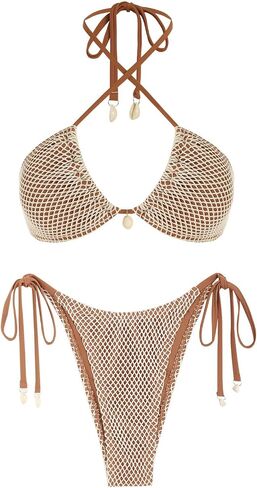 Women's Bikini Sets Halter Fishnet Shell Decorated Two Piece Swimsuit Sexy Side Tie Thong Bandeau Bathing Suits in Saudi Arabia