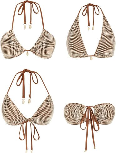 Women's Bikini Sets Halter Fishnet Shell Decorated Two Piece Swimsuit Sexy Side Tie Thong Bandeau Bathing Suits in Saudi Arabia