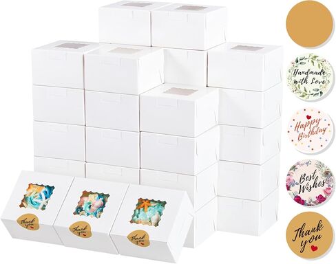 Kootek 50pcs White Bakery Boxes with Window, 4x4x2.5 Cookie Boxes with 80 Stickers, Small Gift Boxes, Mini Cake Boxes Treat Boxes for Dessert, Pastry, Pie, Chocolate, Candy in Saudi Arabia