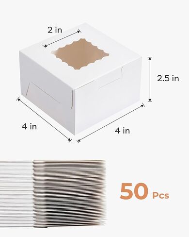 Kootek 50pcs White Bakery Boxes with Window, 4x4x2.5 Cookie Boxes with 80 Stickers, Small Gift Boxes, Mini Cake Boxes Treat Boxes for Dessert, Pastry, Pie, Chocolate, Candy in Saudi Arabia