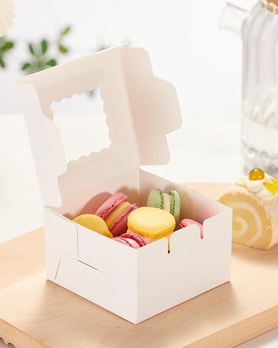 Kootek 50pcs White Bakery Boxes with Window, 4x4x2.5 Cookie Boxes with 80 Stickers, Small Gift Boxes, Mini Cake Boxes Treat Boxes for Dessert, Pastry, Pie, Chocolate, Candy in Saudi Arabia