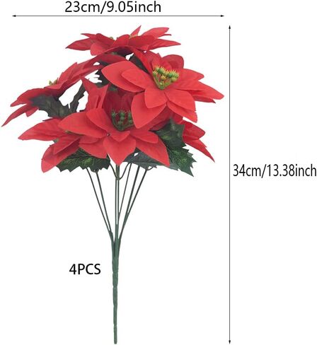 FERIAL 4 Pcs Christmas Artificial Flowers Poinsettia Flowers Red 7 Heads Silk Poinsettia Christmas Floral Bouquet Winter Artificial Poinsettia Bushes for Xmas Party Holiday Arrangements Decoration… in Kuwait