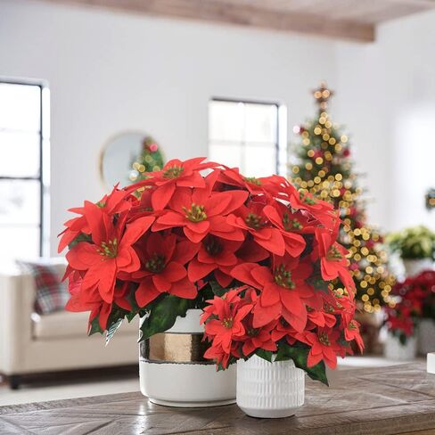 FERIAL 4 Pcs Christmas Artificial Flowers Poinsettia Flowers Red 7 Heads Silk Poinsettia Christmas Floral Bouquet Winter Artificial Poinsettia Bushes for Xmas Party Holiday Arrangements Decoration… in Kuwait