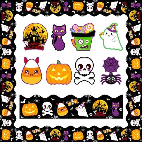 36FT زخارف لوحة إعلانات الهالوين، لوحة إعلانات الهالوين السوداء ذات حواف صدفية 48 قطعة من قرع الهالوين الخفافيش الشبح مجسمات ورقية ملونة صغيرة لمكتب المدرسة في الفصول الدراسية in Kuwait