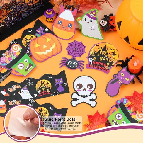 36FT زخارف لوحة إعلانات الهالوين، لوحة إعلانات الهالوين السوداء ذات حواف صدفية 48 قطعة من قرع الهالوين الخفافيش الشبح مجسمات ورقية ملونة صغيرة لمكتب المدرسة في الفصول الدراسية in Kuwait