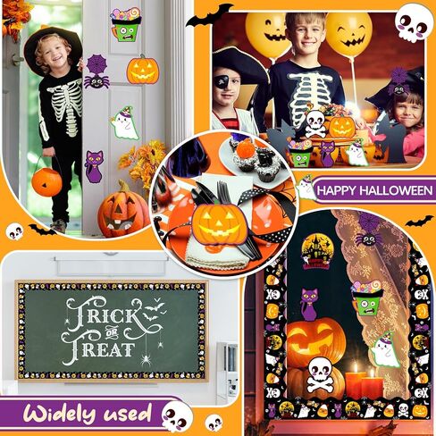 36FT زخارف لوحة إعلانات الهالوين، لوحة إعلانات الهالوين السوداء ذات حواف صدفية 48 قطعة من قرع الهالوين الخفافيش الشبح مجسمات ورقية ملونة صغيرة لمكتب المدرسة في الفصول الدراسية in Kuwait
