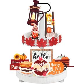 14 Pcs Fall Tiered Tray Decor Gnomes Autumn Harvest Wooden Signs Pumpkin Maple Leaf Farmhouse Rustic for Autumn Thanksgiving Table Decor