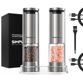 SIMPLETASTE Electric Salt and Pepper Grinder Set Rechargeable with LED Light, Stainless Steel, 70g Capacity for Kitchen, Dining Room, Bar