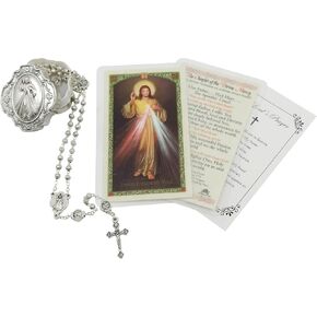 Divine Mercy Chaplet - Italian Divine Mercy Rosary with Silver Tone Beads and Centerpiece - Catholic Rosary Set with Metal Rosaries Case, Divine Mercy Chaplet Prayer Card, Lord's Prayer Card -4 Items