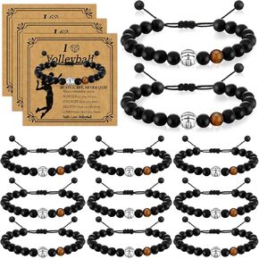12 Set Sport Adjustable Beaded Bracelets Gifts Football Softball Soccer Volleyball Golf Basketball Bracelets Stuff for Women Men Adjustable Beaded Bracelets Cards(Volleyball,Black)