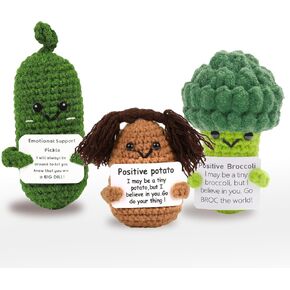 3PCS Handmade Emotional Support Cucumber Broccoli Potatoes Gift,Cute Cucumber Knitting Doll,Funny Reduce Pressure Doll,Creative Crochet Pickle Encouragement Ornament with Positive Affirmation Card