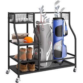 IBUYKE Golf Bag Storage Garage Organizer, Golf Storage Stand for 2 Golf Bags and Other Golfing Equipment Accessories, Metal Golf Club Storage with Lockable Wheels for Garage Shed Basement, TBL003B