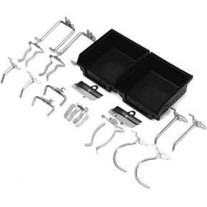 Triton Products 18 Pc Zinc Plated Steel Hook & Bin Assortment for DuraBoard or 1/8 In. and 1/4 In. Pegboard (16 Asst Hooks & 2 Bins) (918)