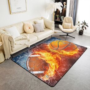 Erosebridal Football Area Rug for Boys Kids,Basketball Carpet 5x7 for Bedside,Sports Fire and Ice Rug for Bedroom Doorway,Rugby Soccer Ball Game Sport Theme Accent Rug Set for Living Room Non Slip
