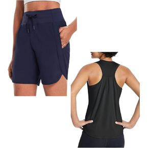BALEAF Women's 7" Long Running Shorts & Racerback Workout Tank Top Navy&Black L in Saudi Arabia
