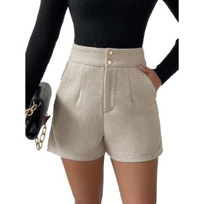 SweatyRocks Women's Straight Leg High Waist Tweed Shorts Button Front Short Pants with Pockets