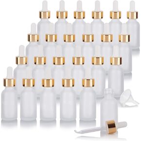 JUVITUS 1 oz Clear Frosted Glass Boston Round Bottle with Gold Metal Dropper (24 pack) + Funnel