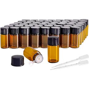 50Pcs 3ml Amber Sample Bottles,Mini Glass Essential Oil Bottle, with Black Screw Caps, for Travel Essential Oil and Perfume Vials Bottles