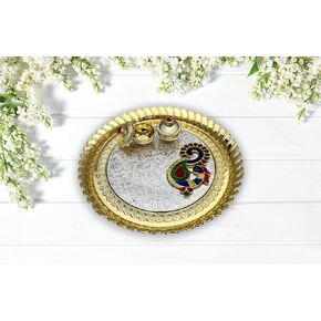 KT1 - Pooja Thali with Vati 8x8 Inches Meenakari Acrylic for Puja Celebration and Occasion (Golden)
