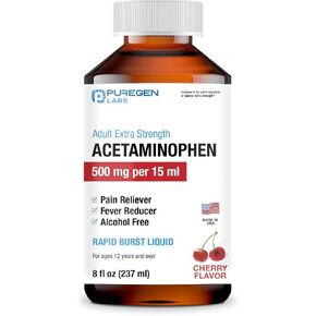 Puregen Labs Adult Extra Strength Acetaminophen Liquid 500mg/15ml - 8 fl oz Rapid Burst Pain Reliever/Fever Reducer, Cherry Flavor | Muscle & Joint Pain Relief | Arthritis Pain Relief