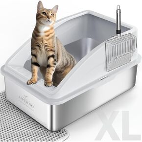 Enclosed Cat Litter Box Stainless Steel with Lid | XL Extra Large Litter Box for Big Cats | Metal Litter Box High Sided | Anti-Urine Leakage, Include Cat Mat and All-Metal Litter Scoop