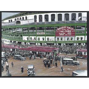 Buyartforless Wrigley Field by Darryl Vlasak 16x12 Painting Print on Wrapped Memorabilia Chicago Cubs Vintage Baseball Stadium Canvas Wall Art Décor, Multicolored