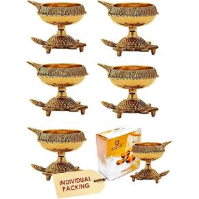 SATVIK 2 Pc Big Size Kuber Turtle Diya for Diwali Decoration Handmade Oil Lamp with Golden Engraved Virgin Brass Metal Diwali Diya Vilakku for Puja Pooja Traditional Indian Deepawali Gift Items