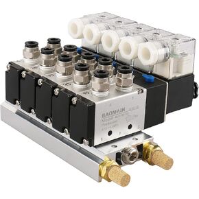 Baomain 5 Space Pneumatic Solenoid Valve 4V210-08 AC 110V PT1/4 5 Way 2 Position Base Quick Fittings Muffler Set