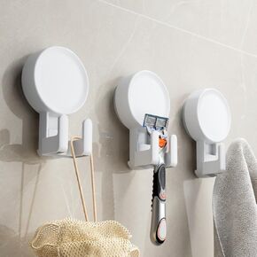 3-Pack Suction Cup Hooks, Razor Holder for Shower, Waterproof Hook for Hanging Towel Loofah Bathroom Kitchen, Heavy Duty White Hanger for Tile Mirror Glass Door