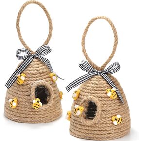 Hedume 2 Pack Bee Hive Decor with Loop, Mini Beehive Farmhouse Bee Tiered Tray Decor, Spring Summer Shelf Sitter Coffee Bar Kitchen Table Bumble Bee Theme Party Home Decorations
