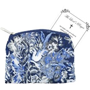 Catholic Rosary Pouch - Brocade Rosary Pouch, The Lord's Prayer Card | Small Rosary Pouch with Zipper for Rosary Bead | Zippered White and Blue Holder Case Bolsitas Para Rosarios Catolicos, 2 Items