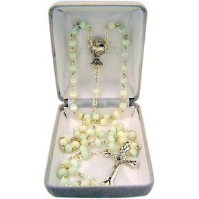 First Communion White Petite Glass Prayer Bead Rosary Necklace with Chalice Centerpiece, 18 Inch