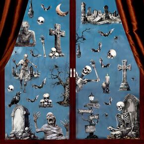 CCINEE 8 Sheet Large Halloween Window Clings Sticker，Scary Skeleton Window Silhouette Decor Spooky Graveyard Ghost Sticker for Halloween Party Indoor Home Office Decorations