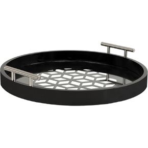 Kate and Laurel Caspen Cut Out Pattern Decorative Round Tray with Silver Metal Handles, 16 x 16, Black and Silver, Modern Glam Serving Tray with Handles for Living Room Decor
