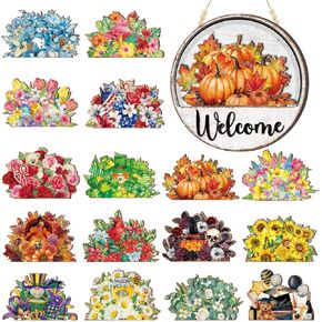 17 Pcs 11.8 Inch Interchangeable Welcome Sign for Front Door with 16 Changeable Icons Magnetic Interchangeable Door Decorations Seasonal Door Wreaths Round Wood Sign for Home Wall Farmhouse