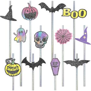 Cheerland Halloween Straw Set Paper Iridescent Pastel Disposable Straw 36pcs Cocktail Hot Cold Beverages with Cartoon Decoration for Kids Halloween Party Supplies