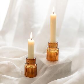 Romadedi Glass Candle Holder for Candlestick - Amber Taper Candle Holders for Candle Sticks Wedding Table Centerpiece Decor Fall Party Thanksgiving Christmas Dinner Advent Home Decoration, Set of 2