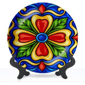 Decorative Plates Mexican Talavera Ceramic Tile Wall Decor Ceramic Ornament with Display Stand and Hook Up for Festival, Parties, Wedding 10", Collector Plate
