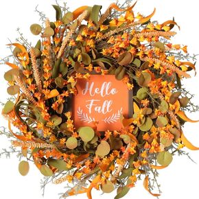 TEMPUS 20 inch Artificial Flowers Wreath Fall Leaves Wreath with Wooden Board Decoration for Front Door Harvest Festival Window Wedding Autumn Outdoor Indoor Decor