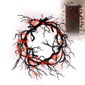 Halloween Black Branch Wreath Signs for Front Door with Light, 20 Inch Artificial Handcrafted Hanging Halloween Horror Wreath for Indoor Outdoor Party Window Wall Decor Farmhouse Garland Yard