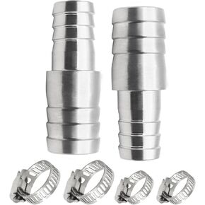 Stainless Steel 304 Hose Barb Fitting Reducing Union 3/4" Barbed x 1" Barbed 2pcs with 4pcs Hose Clamps